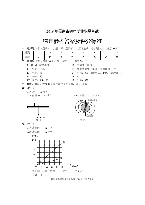 2016云南学业水平考试物理科答案