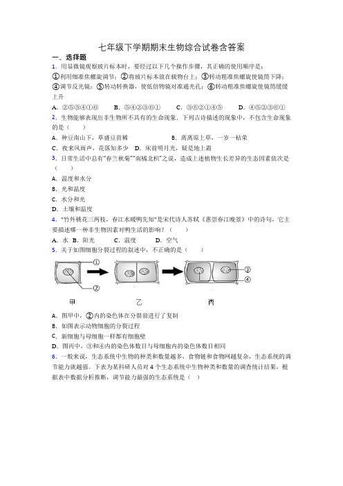 七年级下学期期末生物综合试卷含答案