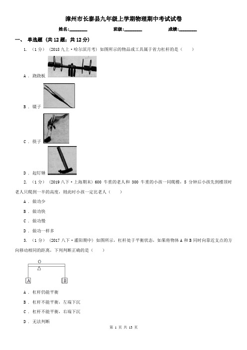 漳州市长泰县九年级上学期物理期中考试试卷