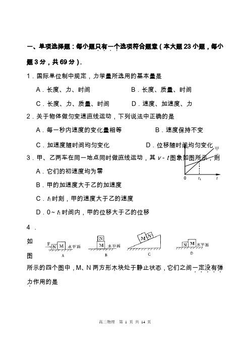 2020高二物理学业水平测试卷