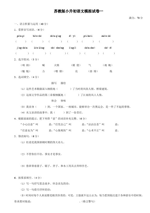 苏教版小升初语文模拟试卷一含答案已校验