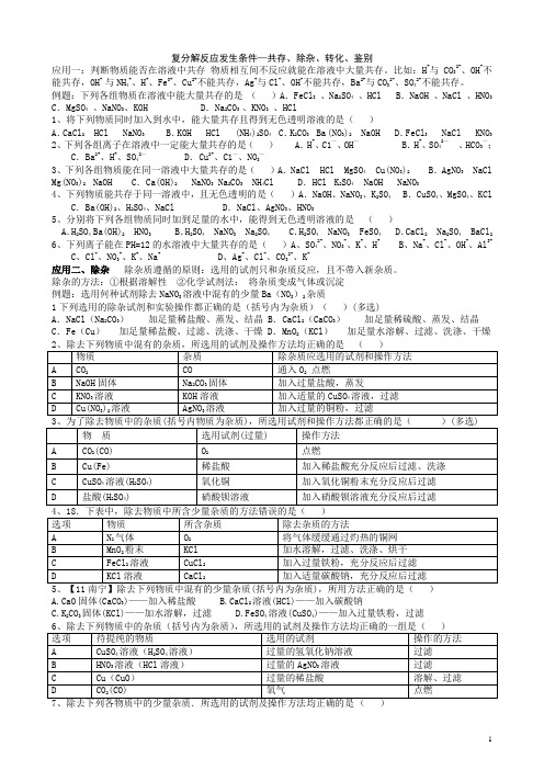 复分解反应发生条件—共存、除杂、转化、鉴别