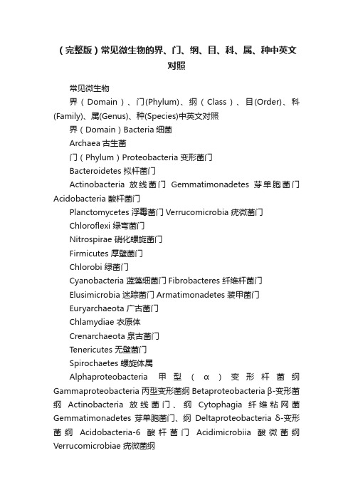 （完整版）常见微生物的界、门、纲、目、科、属、种中英文对照