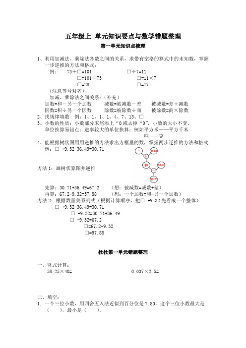 五年级上沪教版数学单元知识要点与错题整理