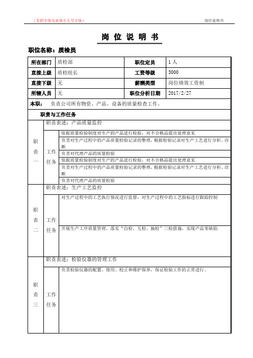 质检员岗位说明书