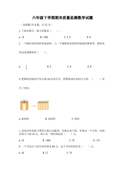 六年级下学期期末质量监测数学试题附参考答案【满分必刷】