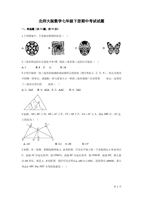 北师大版数学七年级下册期中考试试卷及答案