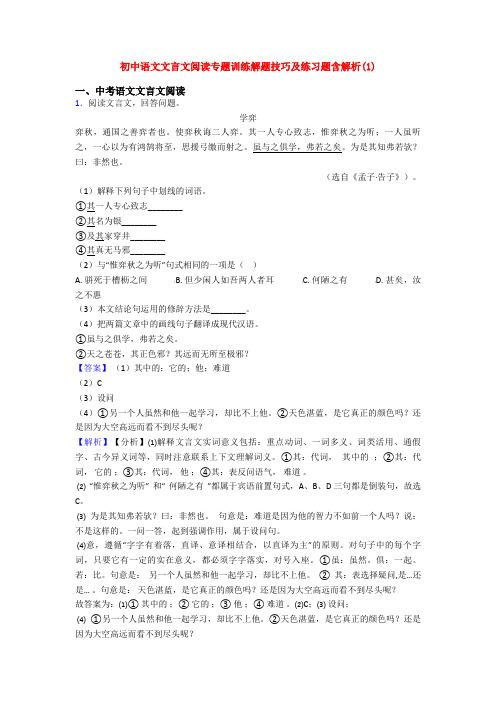 初中语文文言文阅读专题训练解题技巧及练习题含解析(1)