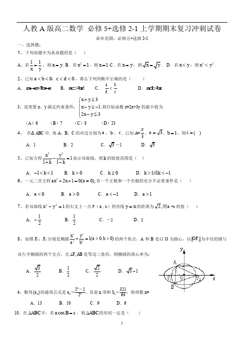 人教A版高二数学 必修5+选修2-1上学期期末复习冲刺试卷