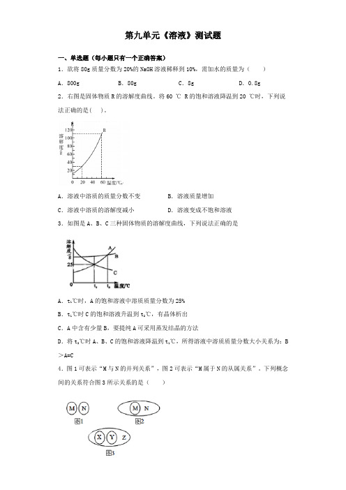 人教版化学九年级下册第九单元《溶液》测试题(含答案)