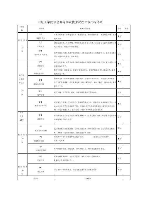 中原工学院信息商务学院优秀课程评审指标体系