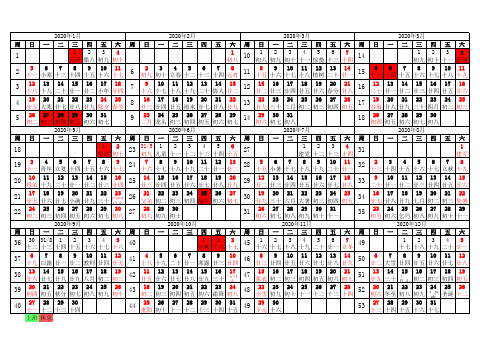 2020年日历表农历周数