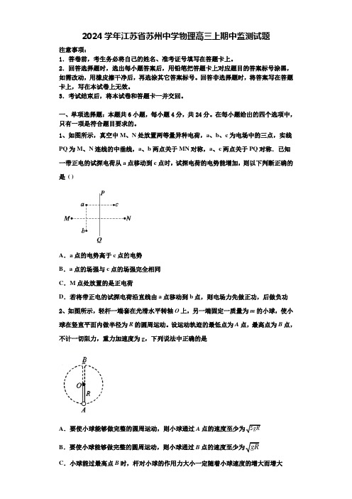 2024学年江苏省苏州中学物理高三上期中监测试题含解析