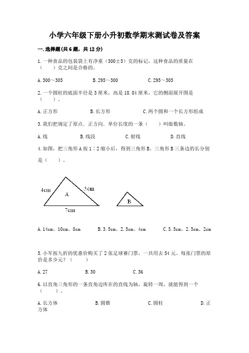 小学六年级下册小升初数学期末测试卷附参考答案(完整版)