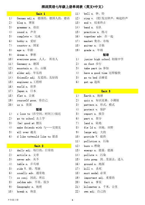 深圳英语七年级上册单词表(英文+中文)用于打印复习