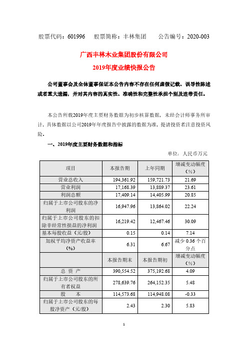 丰林集团：2019年度业绩快报公告