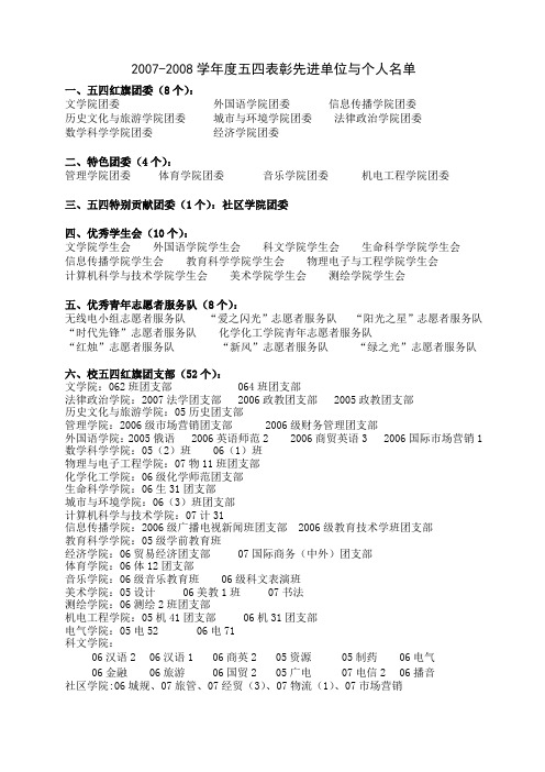2007-2008学年度五四表彰先进单位与个人名单