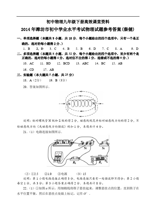 初中物理九年级下册高效课堂资料03中考试题答案