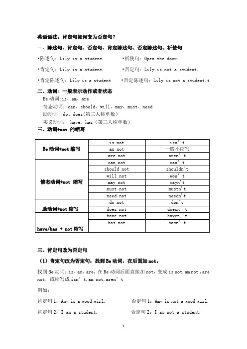 小学英语肯定句改为否定句(知识点+练习题)