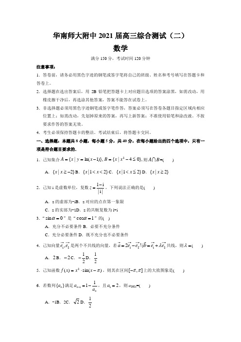 广东省广州市华南师大附中2021届高三上学期综合测试(二)数学试题Word版含答案