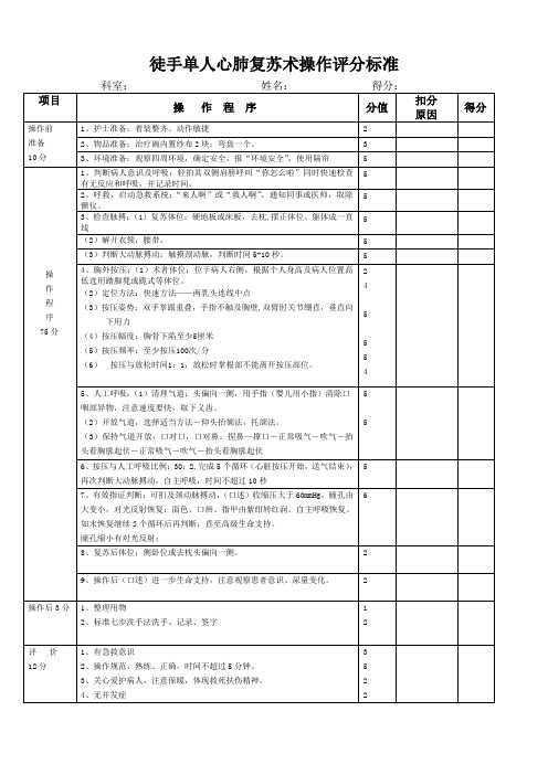 心肺复苏操作考核评分表