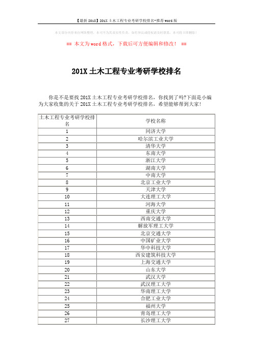 【最新2018】201X土木工程专业考研学校排名-推荐word版 (3页)