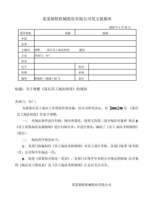 关于调整落后员工淘汰制度的通知