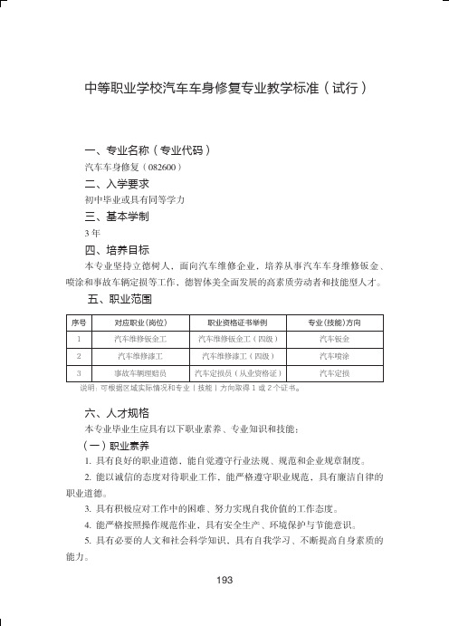 中等职业学校汽车车身修复专业教学标准试行