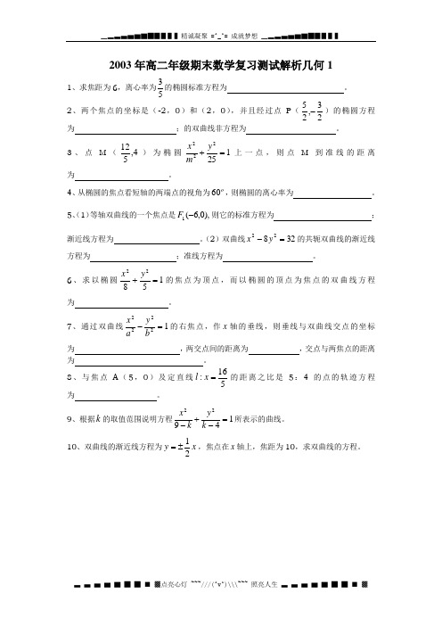 2003高二级期末数学复习测试解析几何1