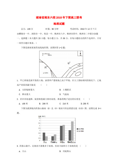 湖南浏阳一中株洲二中等湘东六校2019届高三地理12月联考试题