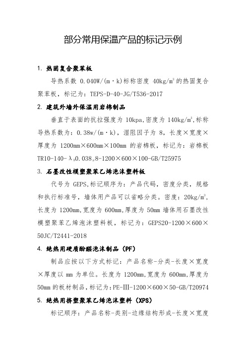 石墨挤塑板导热系数_部分常用保温产品的标记示例