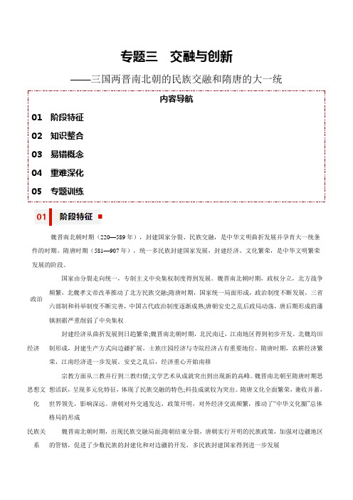 专题03 交融与创新——三国两晋南北朝的民族交融和隋唐大一统【知识大盘点+专题特训】2024年高考历