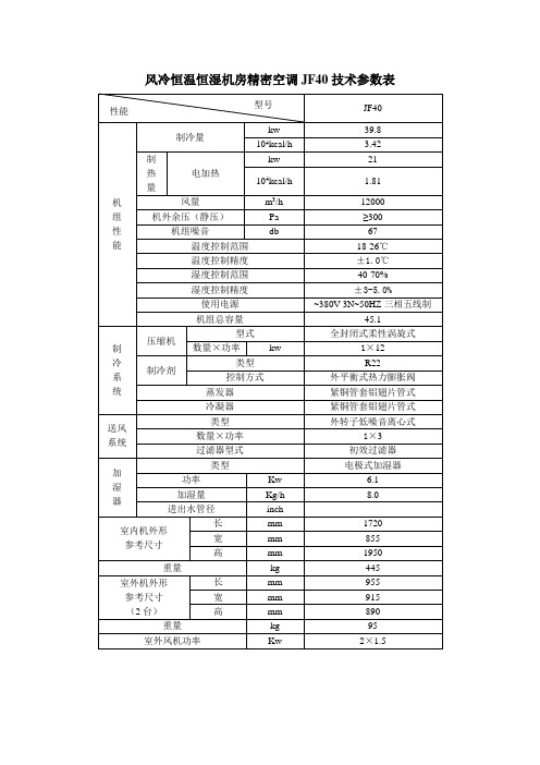 风冷恒温恒湿机房精密空调JF40参数表