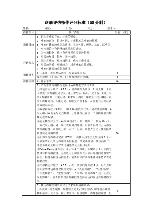 疼痛评估操作评分标准表