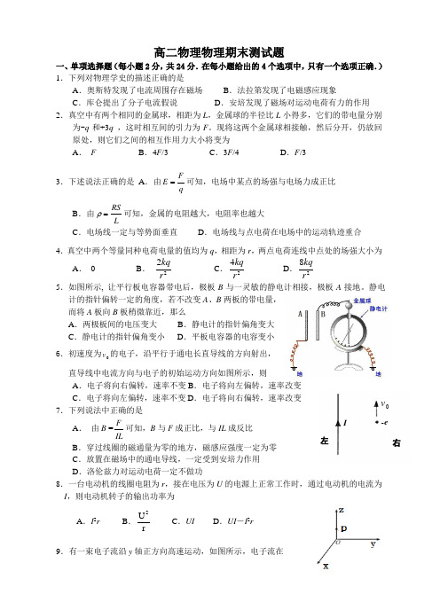 人教版高中物理选修3-1高二物理期末测试题