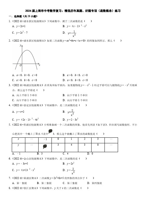 2024届上海市中考数学复习：精选历年真题、好题专项(函数概念)练习(附答案)