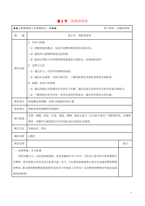 2020_2021学年九年级物理全册14.2热机的效率教学设计新版新人教版