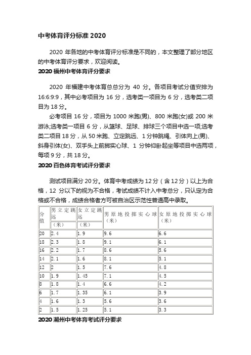 中考体育评分标准2020