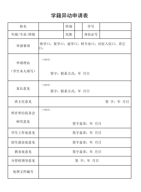 学籍异动申请表