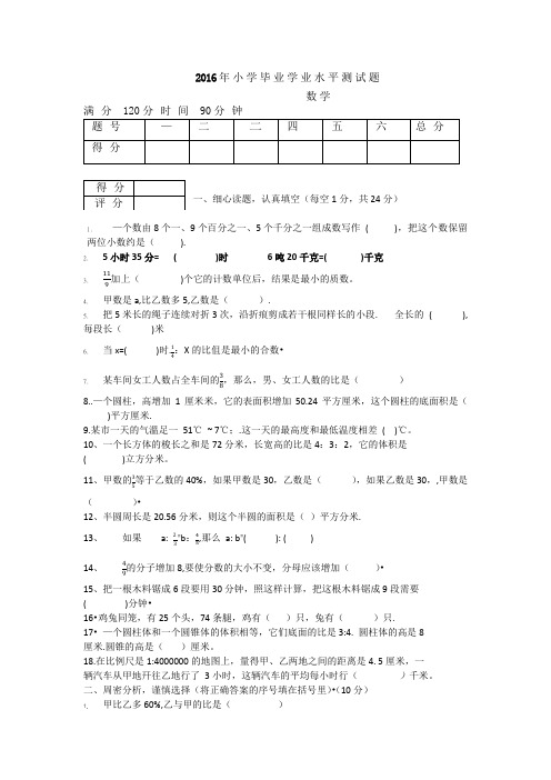 2016年小学毕业学业水平测试题