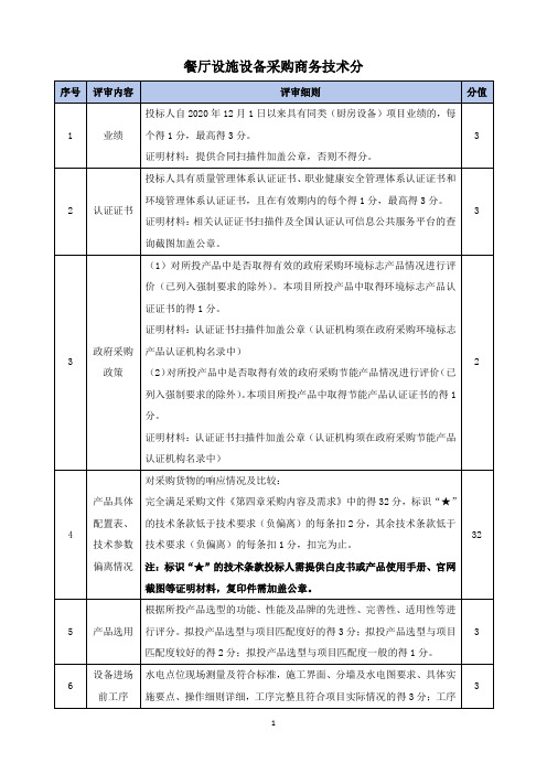 餐厅设施设备采购商务技术分