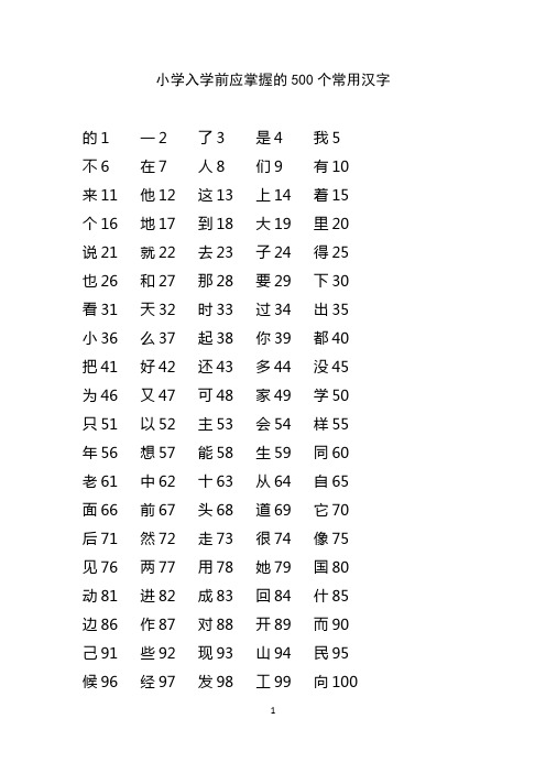 (完整word版)【幼小衔接】小学入学前应掌握的500个常用汉字