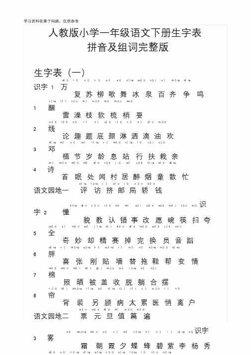 人教版小学一年级语文下册生字表拼音注音及组词完整版