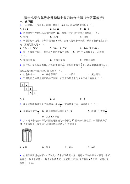 数学小学六年级小升初毕业复习综合试题(含答案解析)