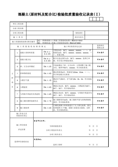 混凝土(原材料及配合比)检验批质量验收记录表