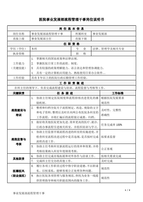 2医院事业发展部-流程管理干事-岗位说明书