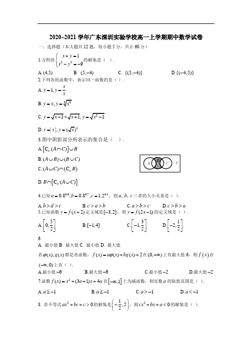 【百强名校】广东省深圳实验学校2020-2021学年第一学期高一期中考试数学试卷