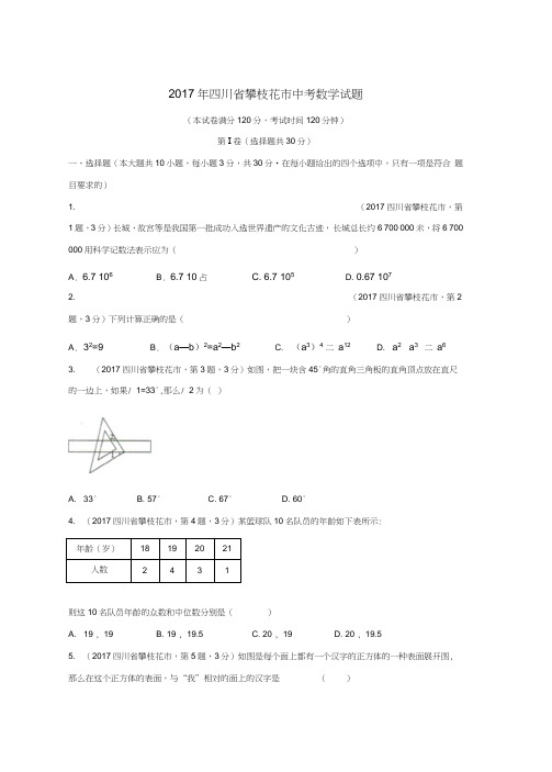 四川省攀枝花市2017年中考数学真题试题(含扫描答案)