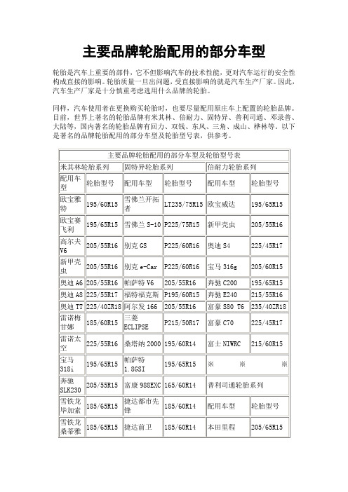 主要品牌轮胎配用的部分车型