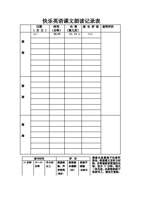 英语课文每日朗读检测表